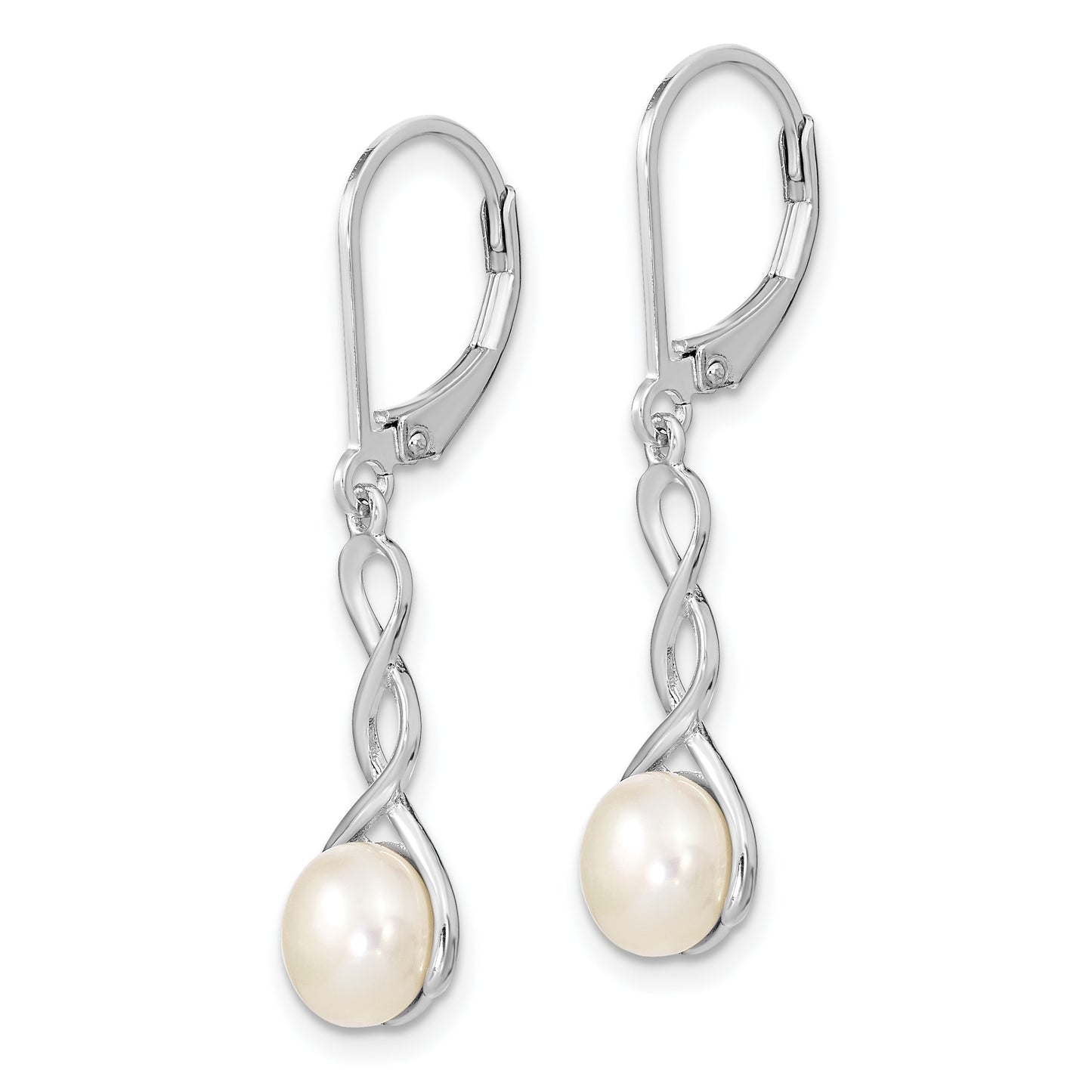 Sterling Silver Rhodium-plated Twisted 7-8mm White Button Freshwater Cultured Pearl Leverback Dangle Earrings