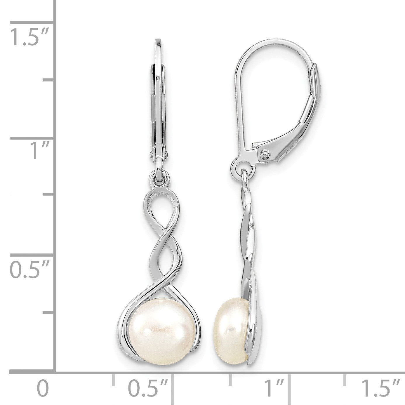 Sterling Silver Rhodium-plated Twisted 7-8mm White Button Freshwater Cultured Pearl Leverback Dangle Earrings