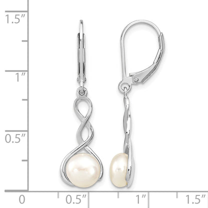 Sterling Silver Rhodium-plated Twisted 7-8mm White Button Freshwater Cultured Pearl Leverback Dangle Earrings