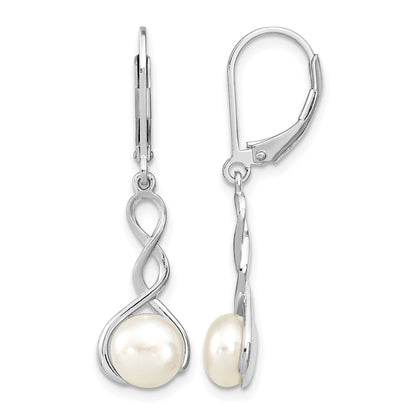 Sterling Silver Rhodium-plated Twisted 7-8mm White Button Freshwater Cultured Pearl Leverback Dangle Earrings