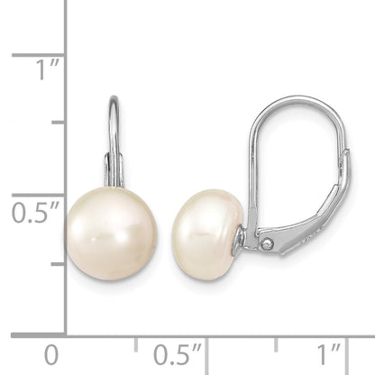 Sterling Silver Rhodium-plated 8-9mm White Button Freshwater Cultured Pearl Leverback Earrings