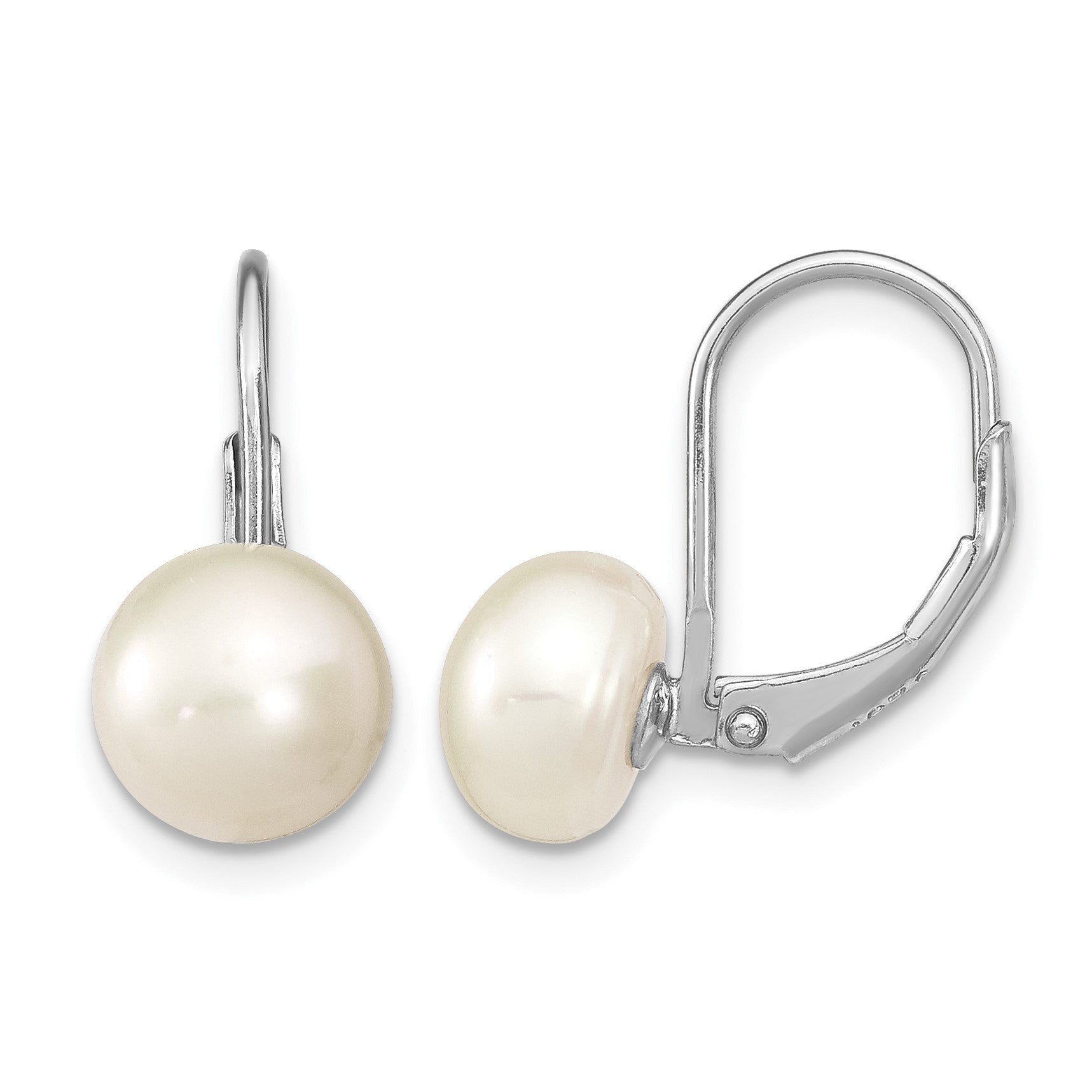 Sterling Silver Rhodium-plated 8-9mm White Button Freshwater Cultured Pearl Leverback Earrings