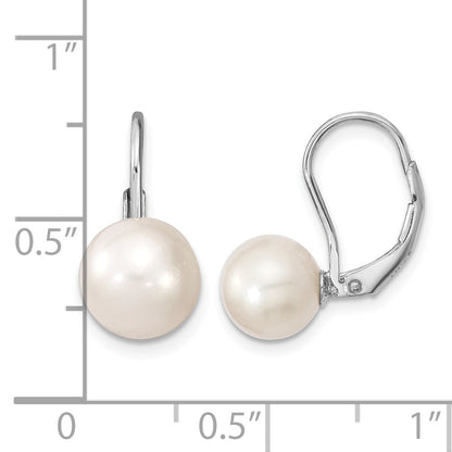 Sterling Silver Rhodium-plated 8-9mm White Round Freshwater Cultured Pearl Leverback Earrings