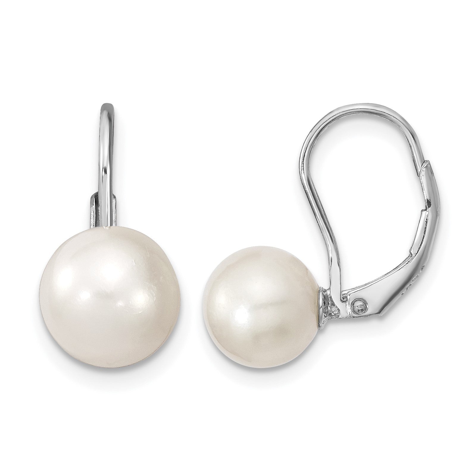 Sterling Silver Rhodium-plated 8-9mm White Round Freshwater Cultured Pearl Leverback Earrings