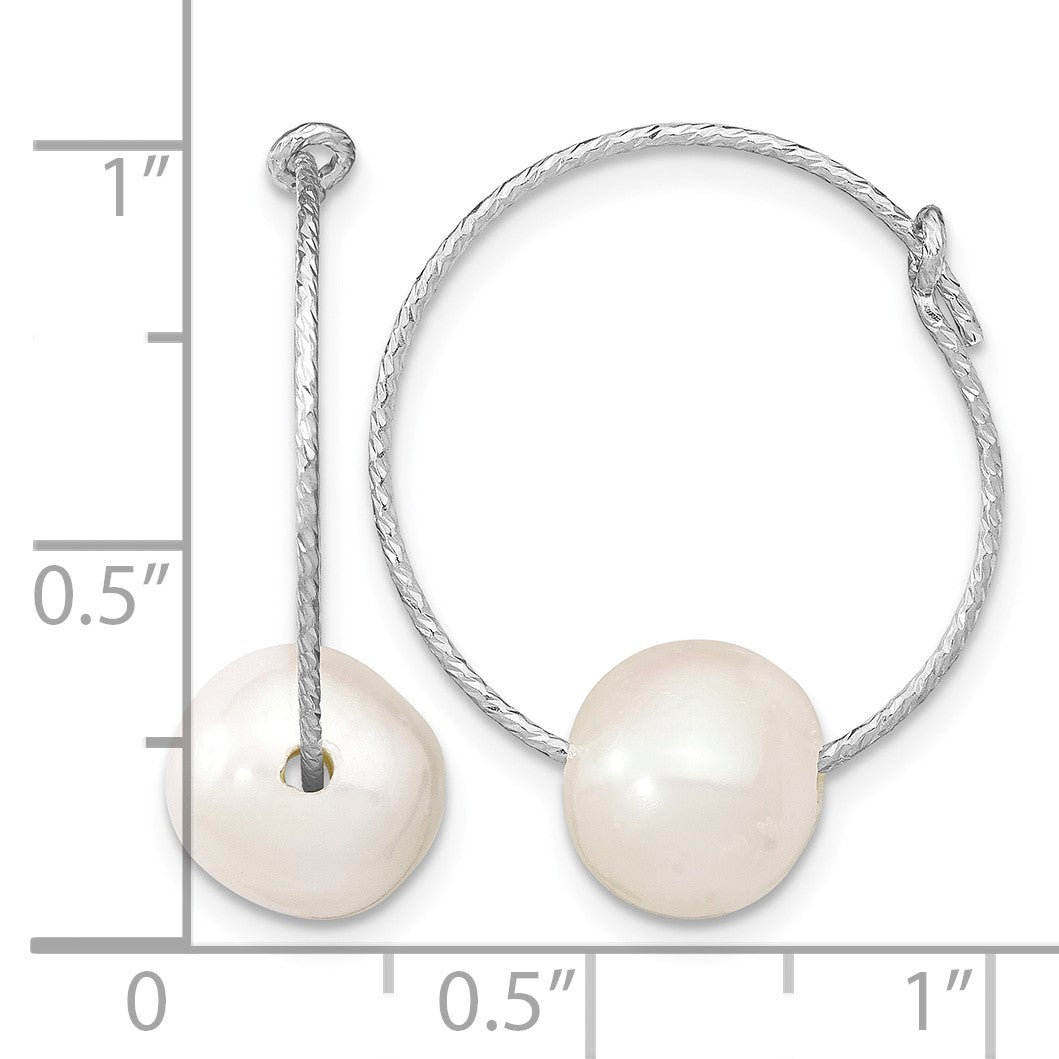 Sterling Silver Rhodium-plated 8-9mm White Round Freshwater Cultured Pearl Hoop Earrings