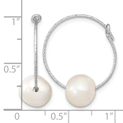 Sterling Silver Rhodium-plated 8-9mm White Round Freshwater Cultured Pearl Hoop Earrings