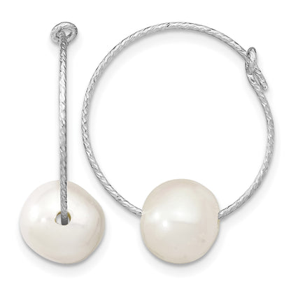 Sterling Silver Rhodium-plated 8-9mm White Round Freshwater Cultured Pearl Hoop Earrings