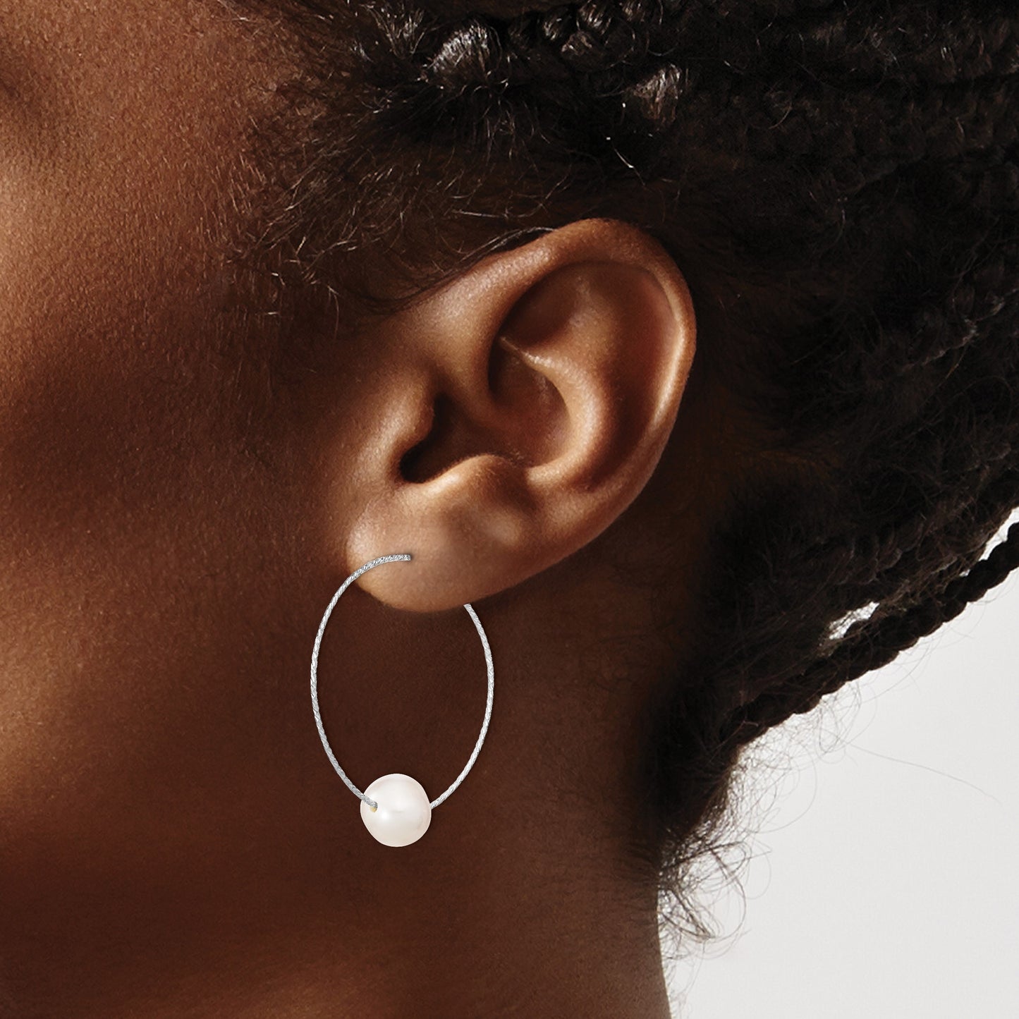 Sterling Silver Rhodium-plated 8-9mm White Semi-Round Freshwater Cultured Pearl Hoop Earrings