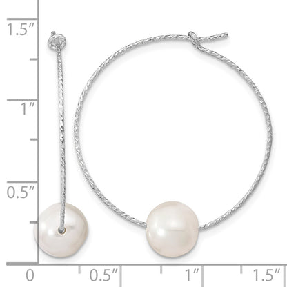 Sterling Silver Rhodium-plated 8-9mm White Semi-Round Freshwater Cultured Pearl Hoop Earrings