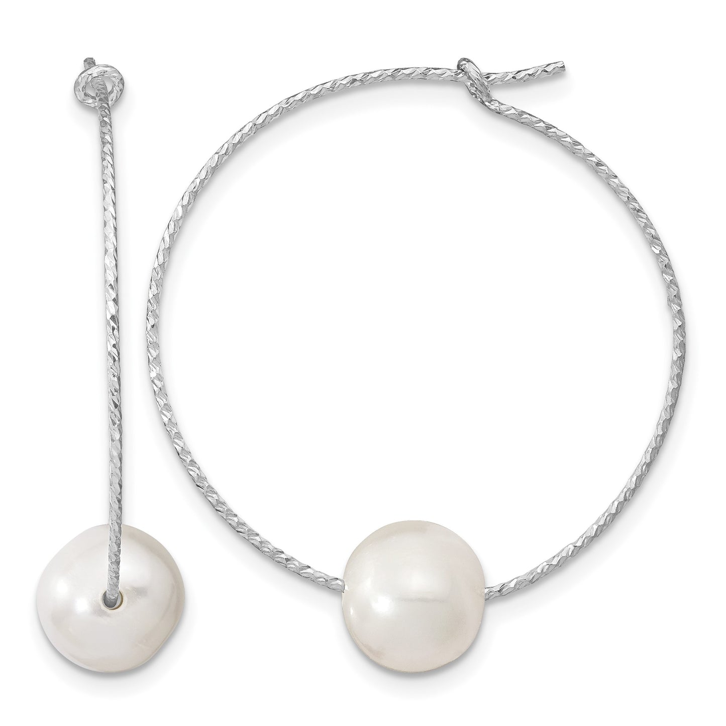 Sterling Silver Rhodium-plated 8-9mm White Semi-Round Freshwater Cultured Pearl Hoop Earrings