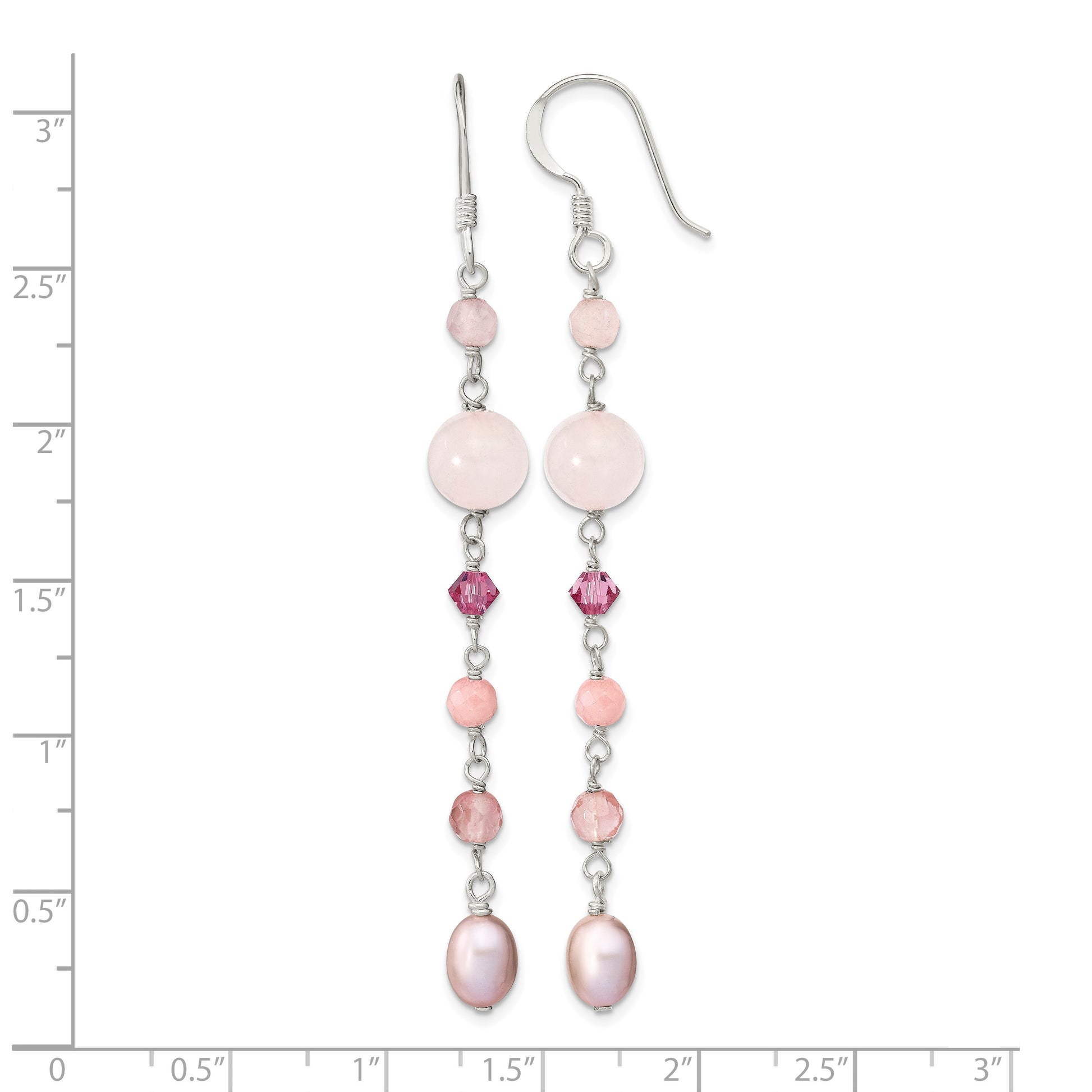 Sterling Silver Polished Pink FWC Pearl, Pink Jade, Rosaline, Cherry & Rose Quartz Dangle Earrings