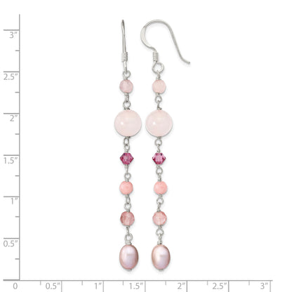 Sterling Silver Polished Pink FWC Pearl, Pink Jade, Rosaline, Cherry & Rose Quartz Dangle Earrings