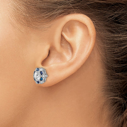 Sterling Silver Rhodium-plated Blue Spinel and CZ Flower Post Earrings