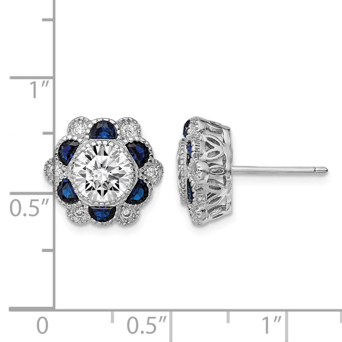 Sterling Silver Rhodium-plated Blue Spinel and CZ Flower Post Earrings