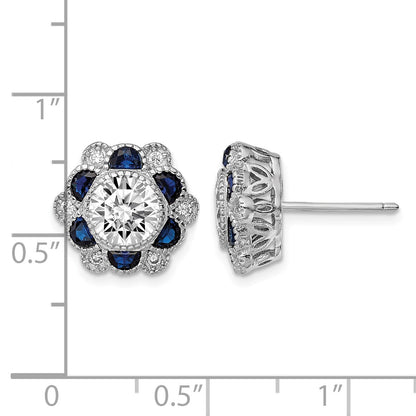 Sterling Silver Rhodium-plated Blue Spinel and CZ Flower Post Earrings