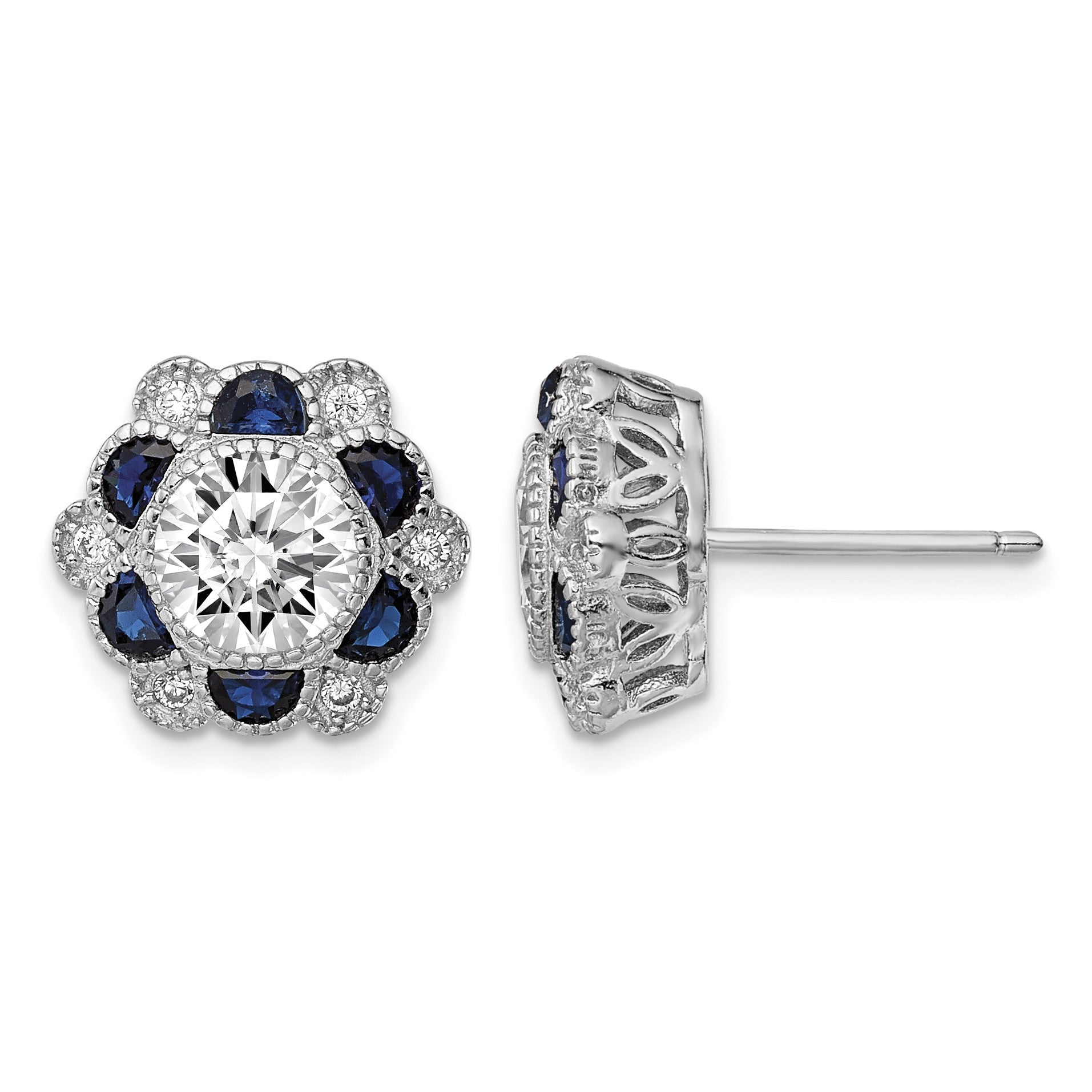 Sterling Silver Rhodium-plated Blue Spinel and CZ Flower Post Earrings