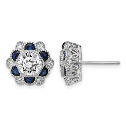 Sterling Silver Rhodium-plated Blue Spinel and CZ Flower Post Earrings