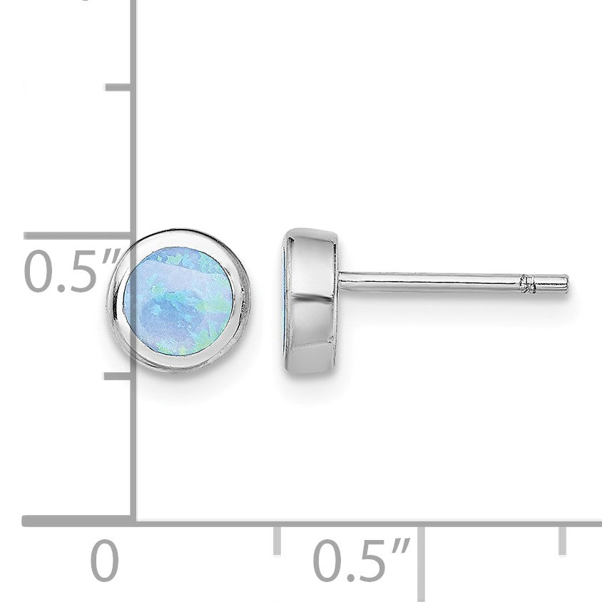 Sterling Silver RH-plated Polished Blue Created Opal Round Stud Earrings