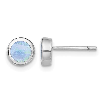 Sterling Silver RH-plated Polished Blue Created Opal Round Stud Earrings