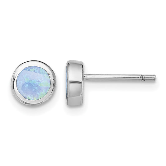 Sterling Silver RH-plated Polished Blue Created Opal Round Stud Earrings