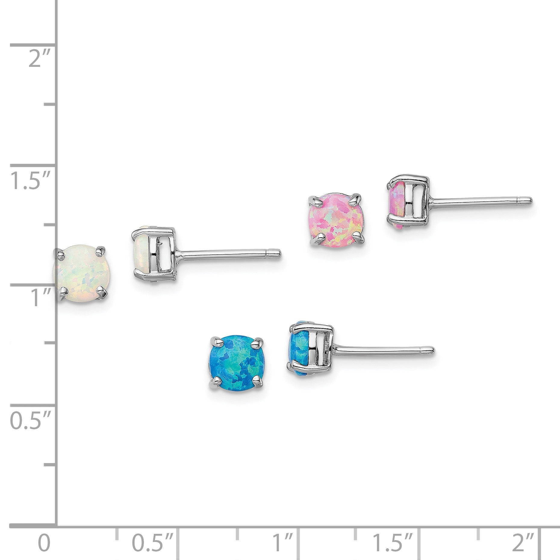Sterling Silver Rhodium-plated White/Pink/Blue Created Opal Set/3 Earrings