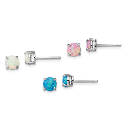 Sterling Silver Rhodium-plated White/Pink/Blue Created Opal Set/3 Earrings