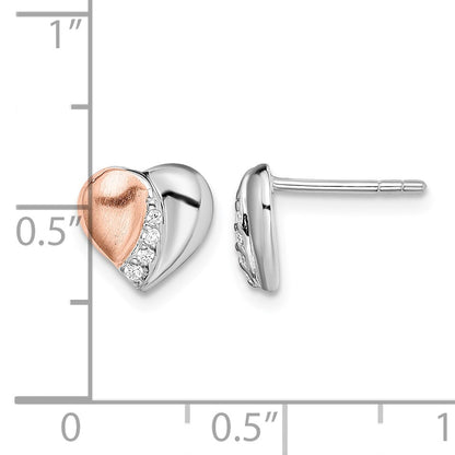 Sterling Silver Rhodium/Rose Gold-plated CZ Heart Earrings