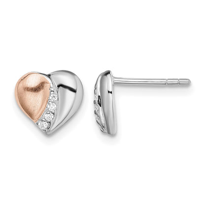 Sterling Silver Rhodium/Rose Gold-plated CZ Heart Earrings