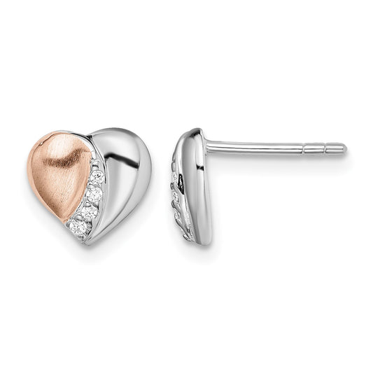 Sterling Silver Rhodium/Rose Gold-plated CZ Heart Earrings