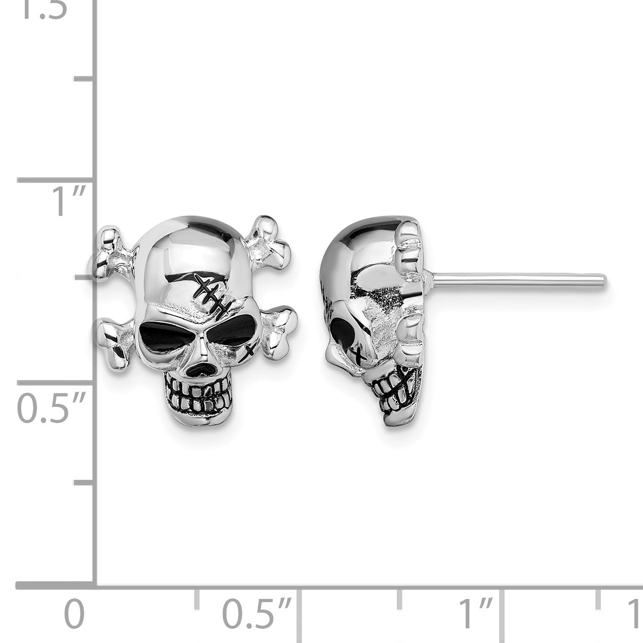 Sterling Silver Rhodium-plated Antiqued Enameled Skull Post Earrings