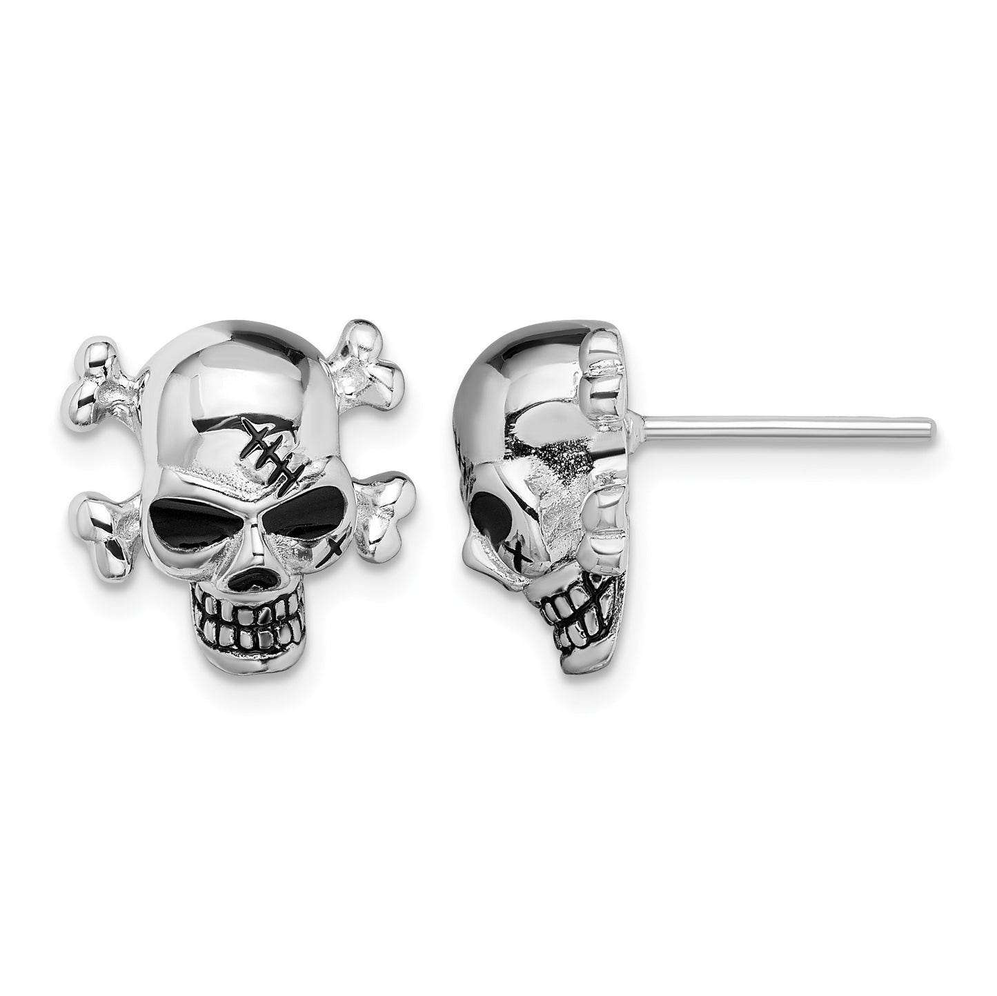 Sterling Silver Rhodium-plated Antiqued Enameled Skull Post Earrings