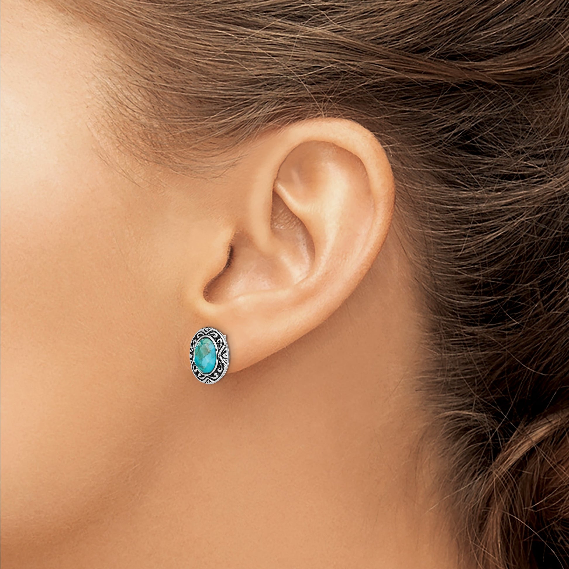 Sterling Silver Rhodium/Oxidized w/Recon. Turquoise Post Earrings
