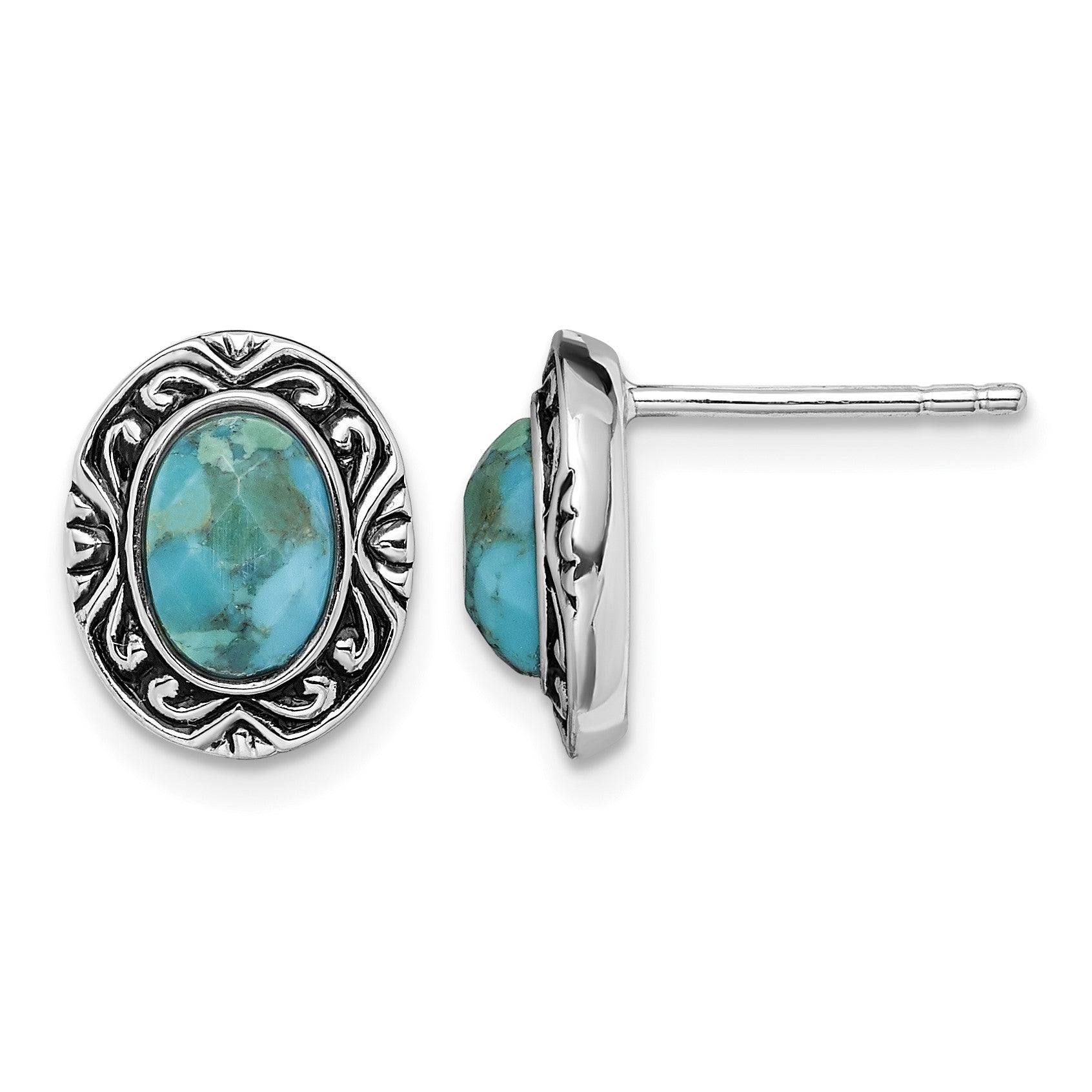Sterling Silver Rhodium/Oxidized w/Recon. Turquoise Post Earrings