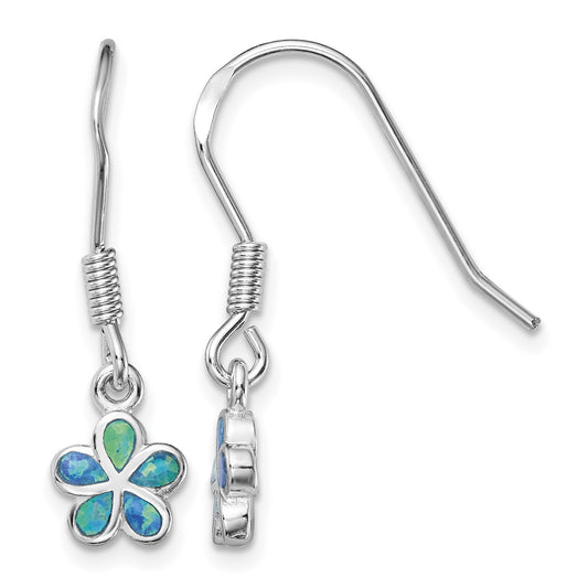 Sterling Silver Rhodium-plated Blue Created Opal Flower Earrings