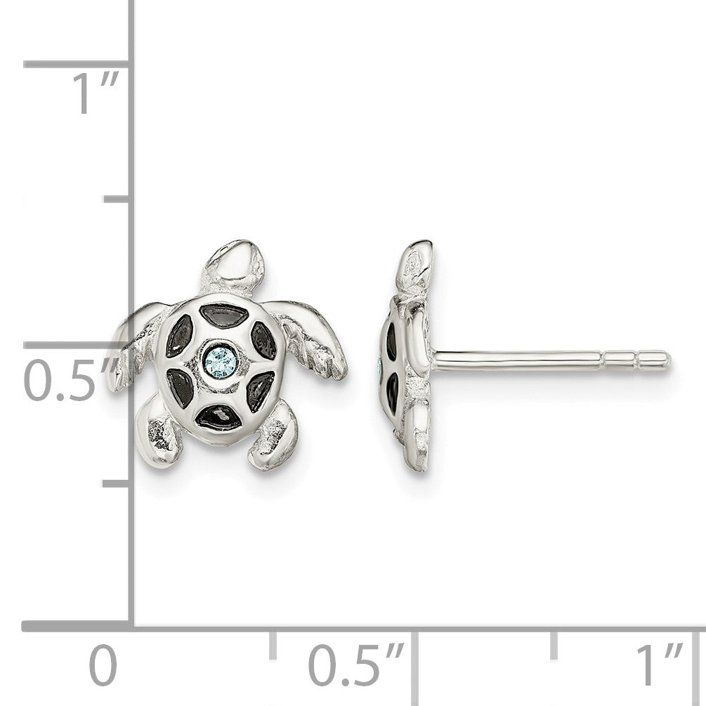 Sterling Silver Antiqued Aqua Crystal Turtle Post Earrings