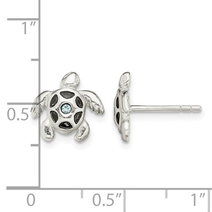 Sterling Silver Antiqued Aqua Crystal Turtle Post Earrings