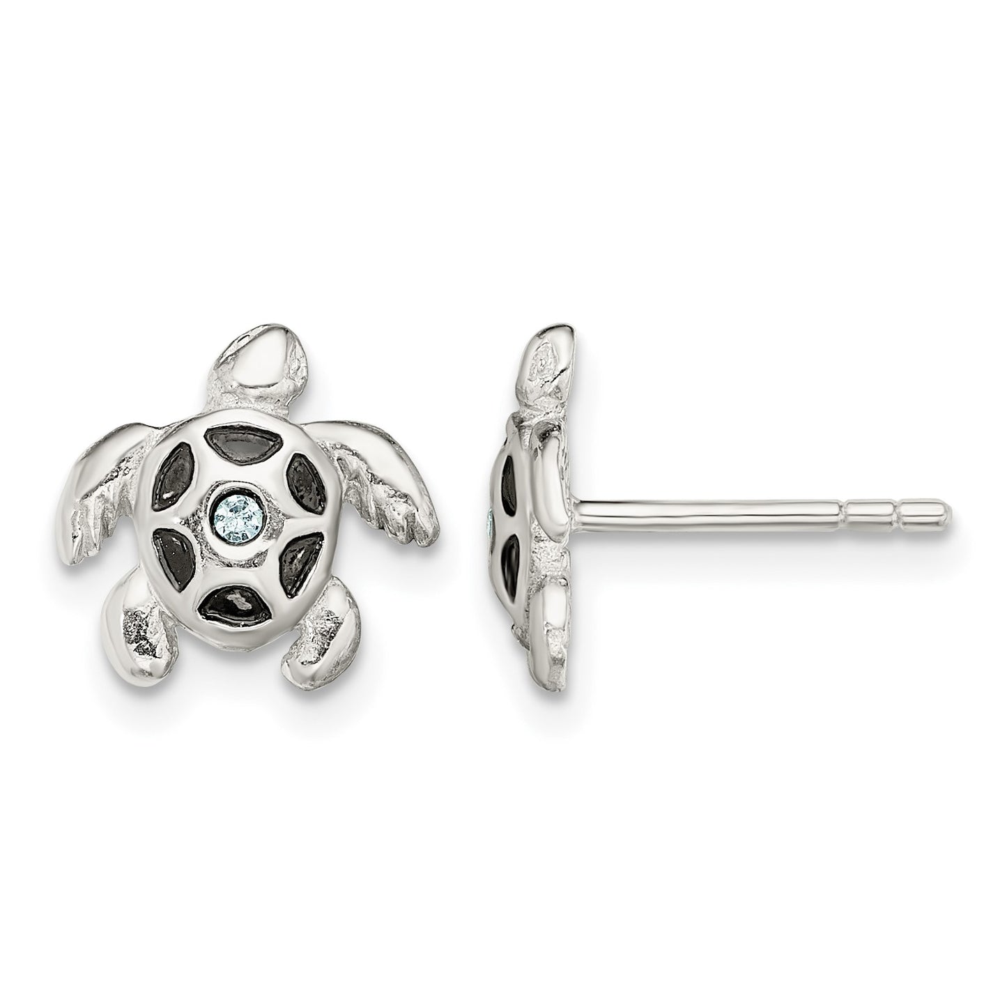 Sterling Silver Antiqued Aqua Crystal Turtle Post Earrings