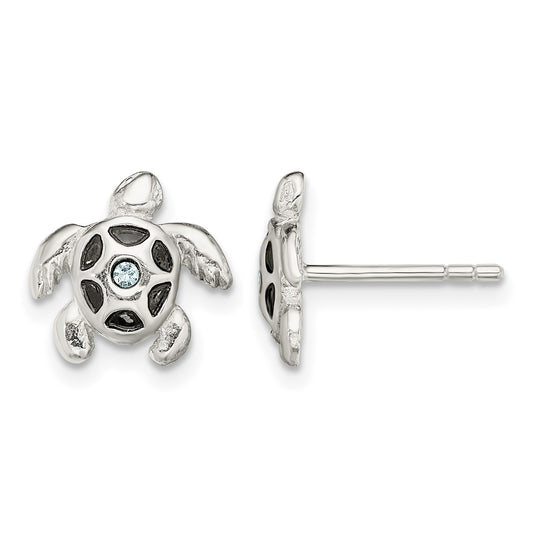 Sterling Silver Antiqued Aqua Crystal Turtle Post Earrings