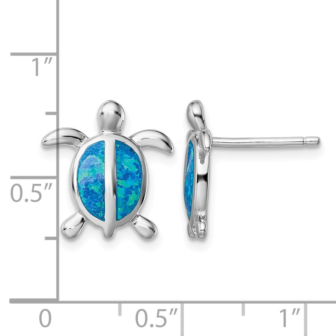 Sterling Silver Rhodium-plated Polished Blue Created Opal Polished Turtle Post Earrings