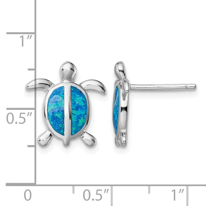 Sterling Silver Rhodium-plated Polished Blue Created Opal Polished Turtle Post Earrings