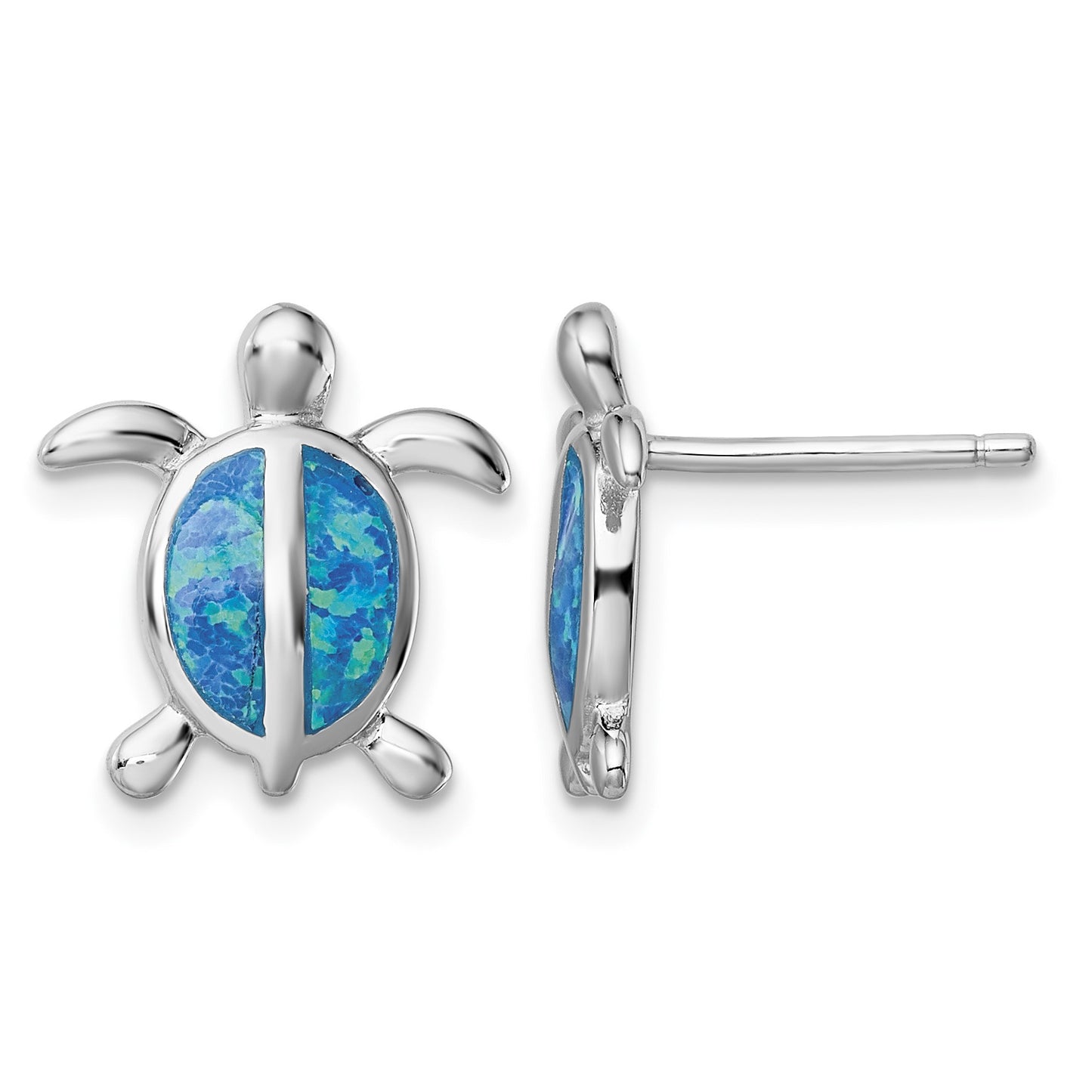 Sterling Silver Rhodium-plated Polished Blue Created Opal Polished Turtle Post Earrings