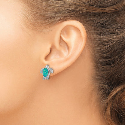 Sterling Silver Rhodium-plated Polished Green Created Opal Turtle Post Earrings