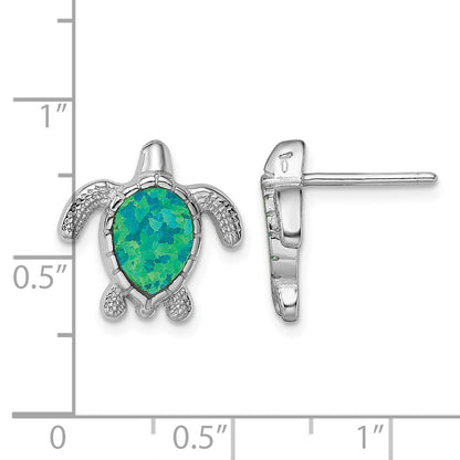 Sterling Silver Rhodium-plated Polished Green Created Opal Turtle Post Earrings
