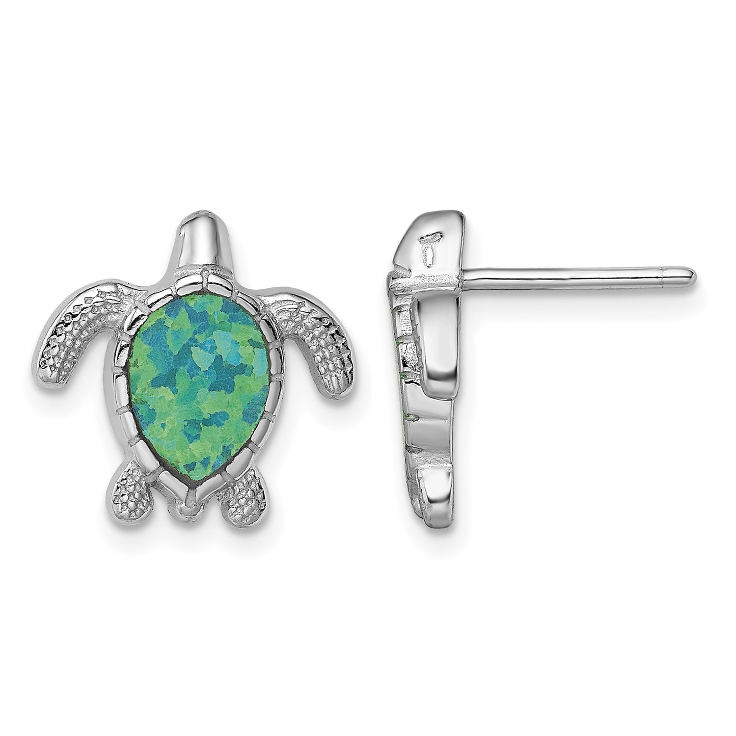 Sterling Silver Rhodium-plated Polished Green Created Opal Turtle Post Earrings