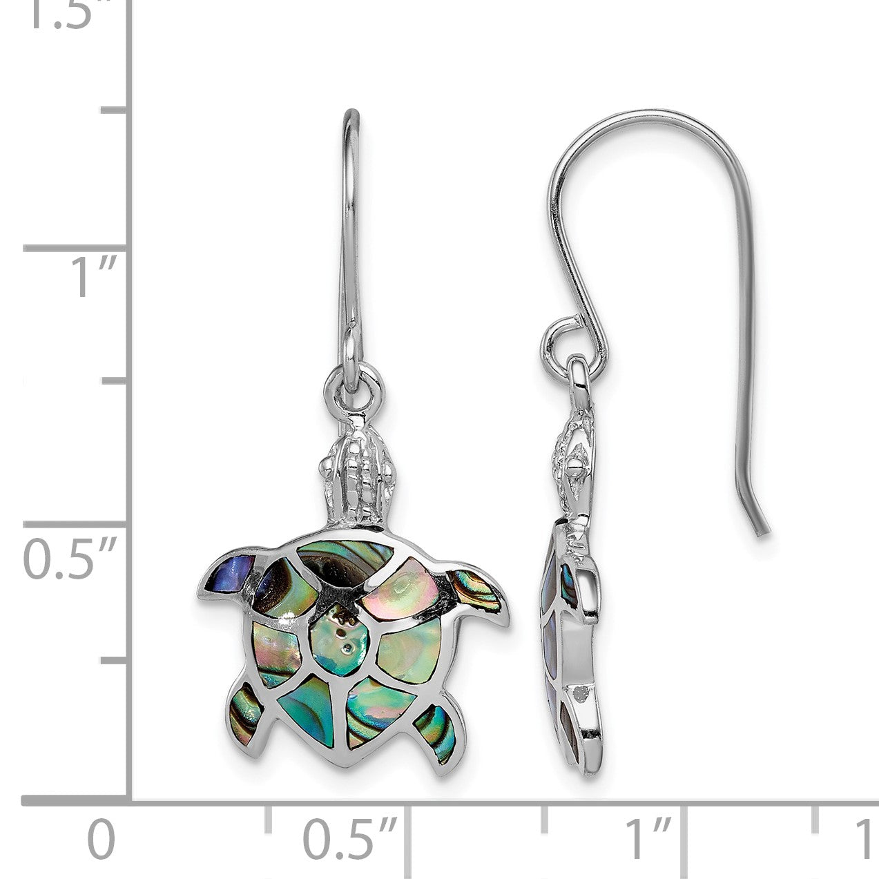 Sterling Silver Rhodium-plated Polished Abalone Turtle Dangle Earrings