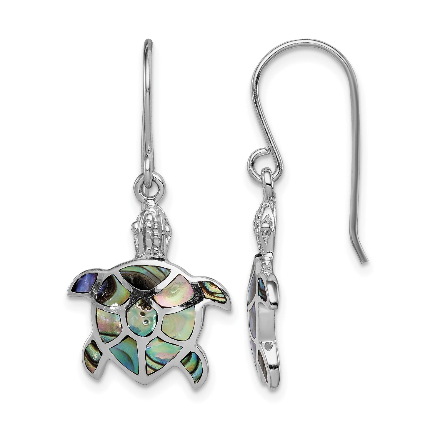 Sterling Silver Rhodium-plated Polished Abalone Turtle Dangle Earrings