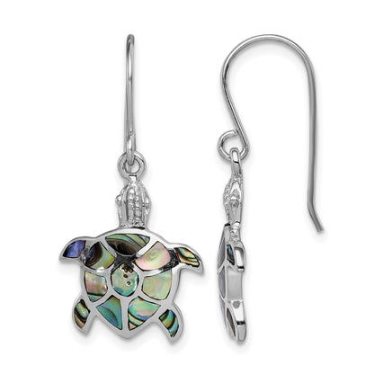 Sterling Silver Rhodium-plated Polished Abalone Turtle Dangle Earrings