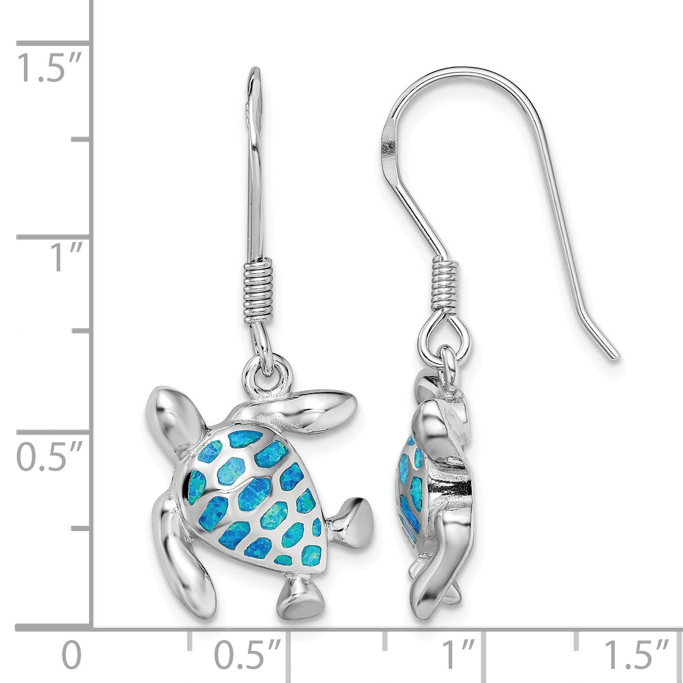 Sterling Silver Rhodium-plated Polished Blue Created Opal Turtle Dangle Earrings