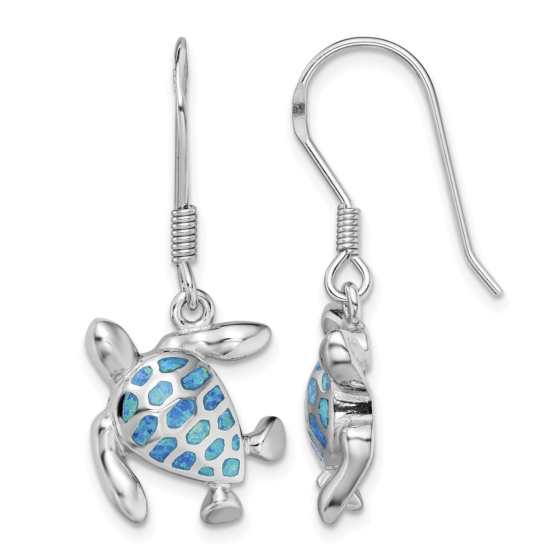 Sterling Silver Rhodium-plated Polished Blue Created Opal Turtle Dangle Earrings