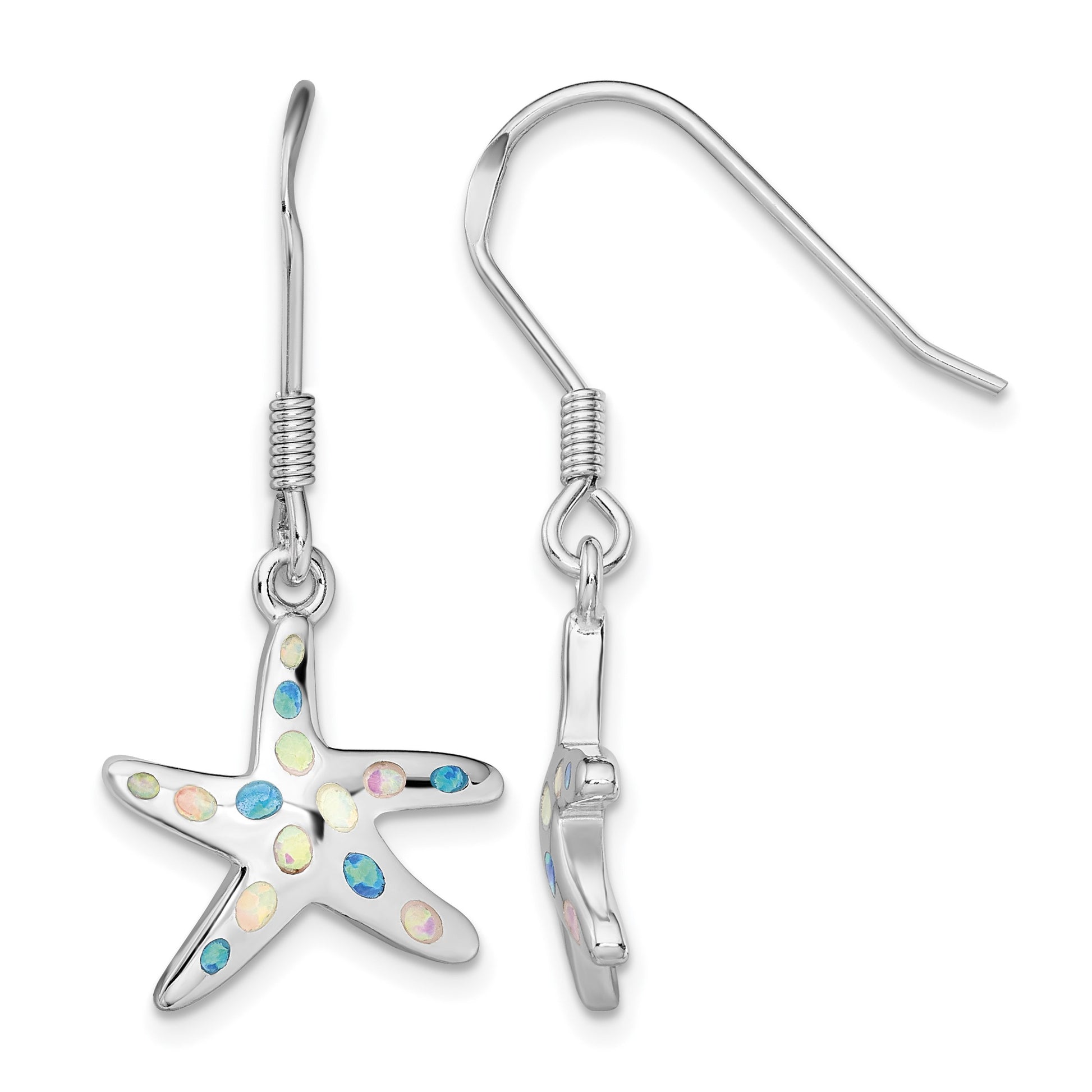 Sterling Silver Rhodium-plated Pink/Blue Created Opal Starfish Earrings